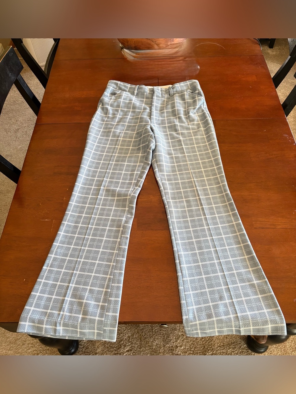 Vintage 1970’s Wrights Blue & White Plaid High Waist Flare Polyester Pants 10/12
